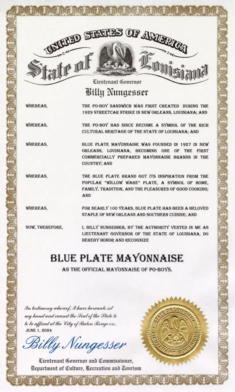 State of Louisiana proclamation naming Blue Plate Mayonnaise the Official Mayo of Po-Boys, signed by Lt. Governor Billy Nungesser on June 1, 2024